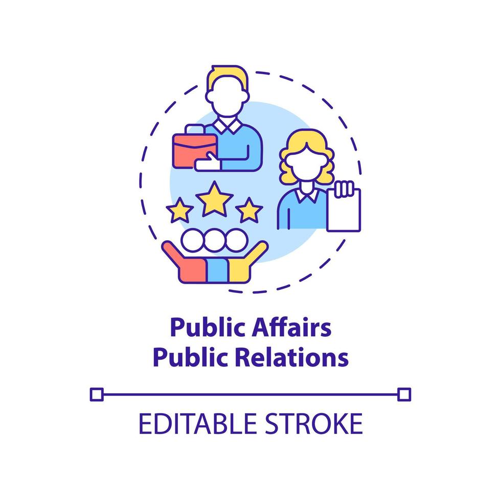 Public affairs PR concept icon. Organization promote. Types of promoting firms abstract idea thin line illustration. Isolated outline drawing. Editable stroke. vector