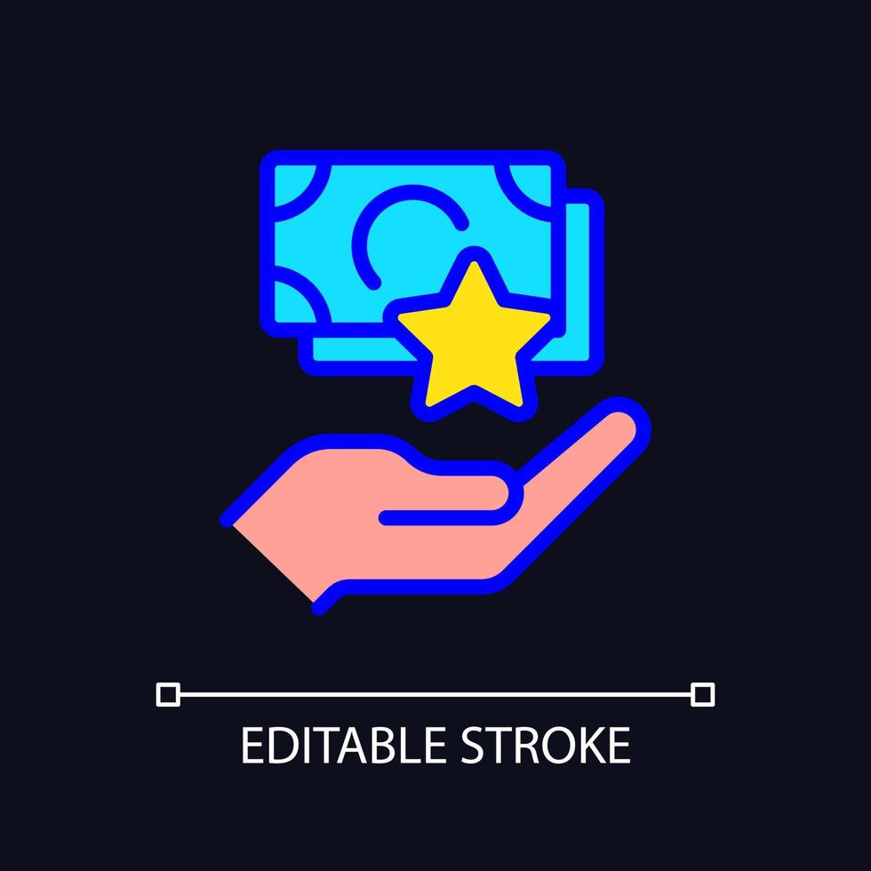 Cash bonus pixel perfect RGB color icon for dark theme. Giving extra money. Supplemental income. Lump-sum payment. Simple filled line drawing on night mode background. Editable stroke. vector