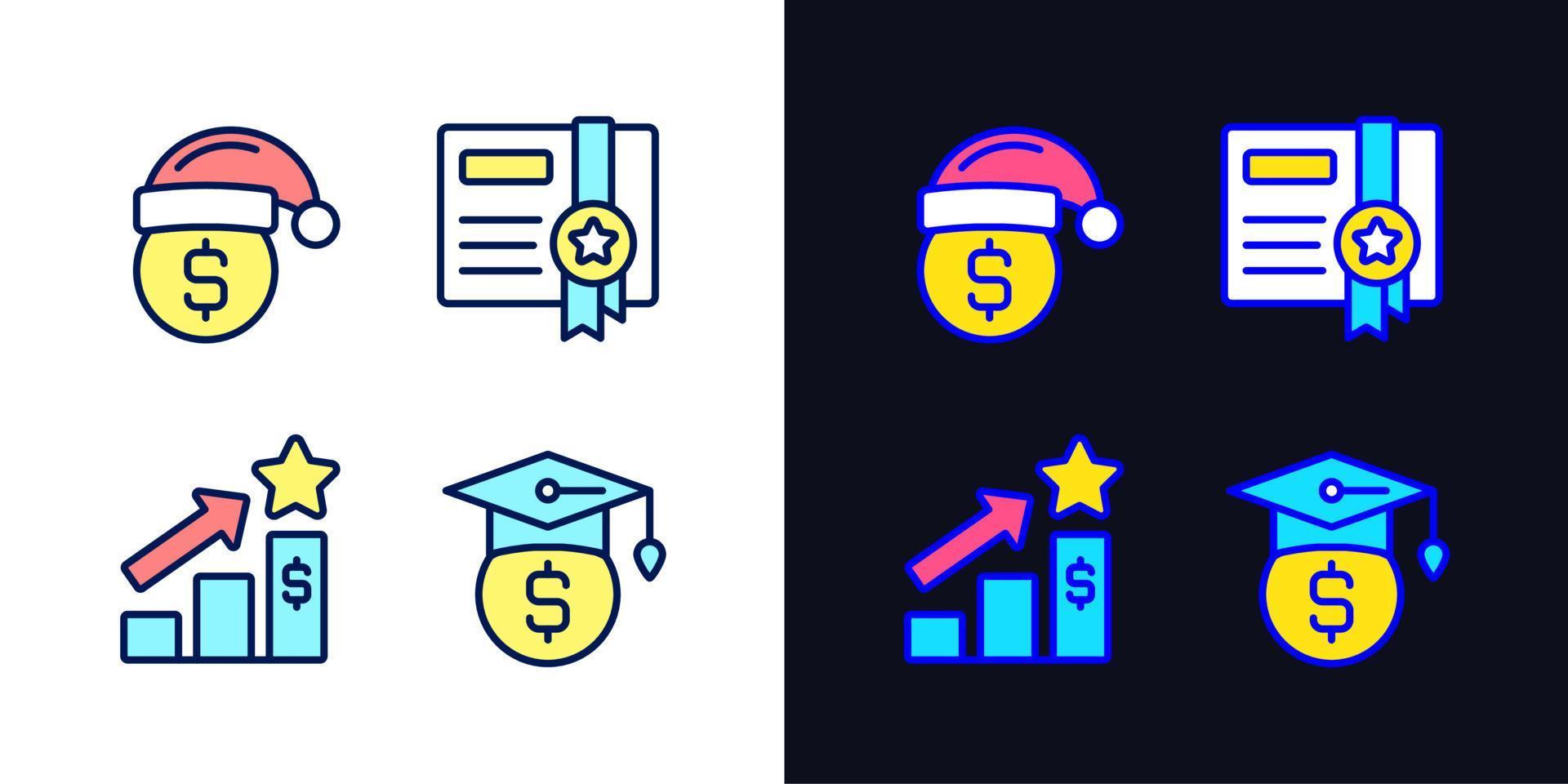 Paying bonuses to employees pixel perfect light and dark theme color icons set. Free scholarship. Holiday premium pay. Simple filled line drawings. Bright cliparts on white and black. Editable stroke vector