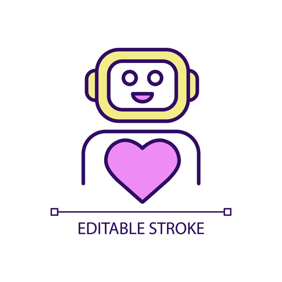 Humanness of AI RGB color icon. Friendly robot with heart. Technology for life comfort and assistance. Isolated vector illustration. Simple filled line drawing. Editable stroke.