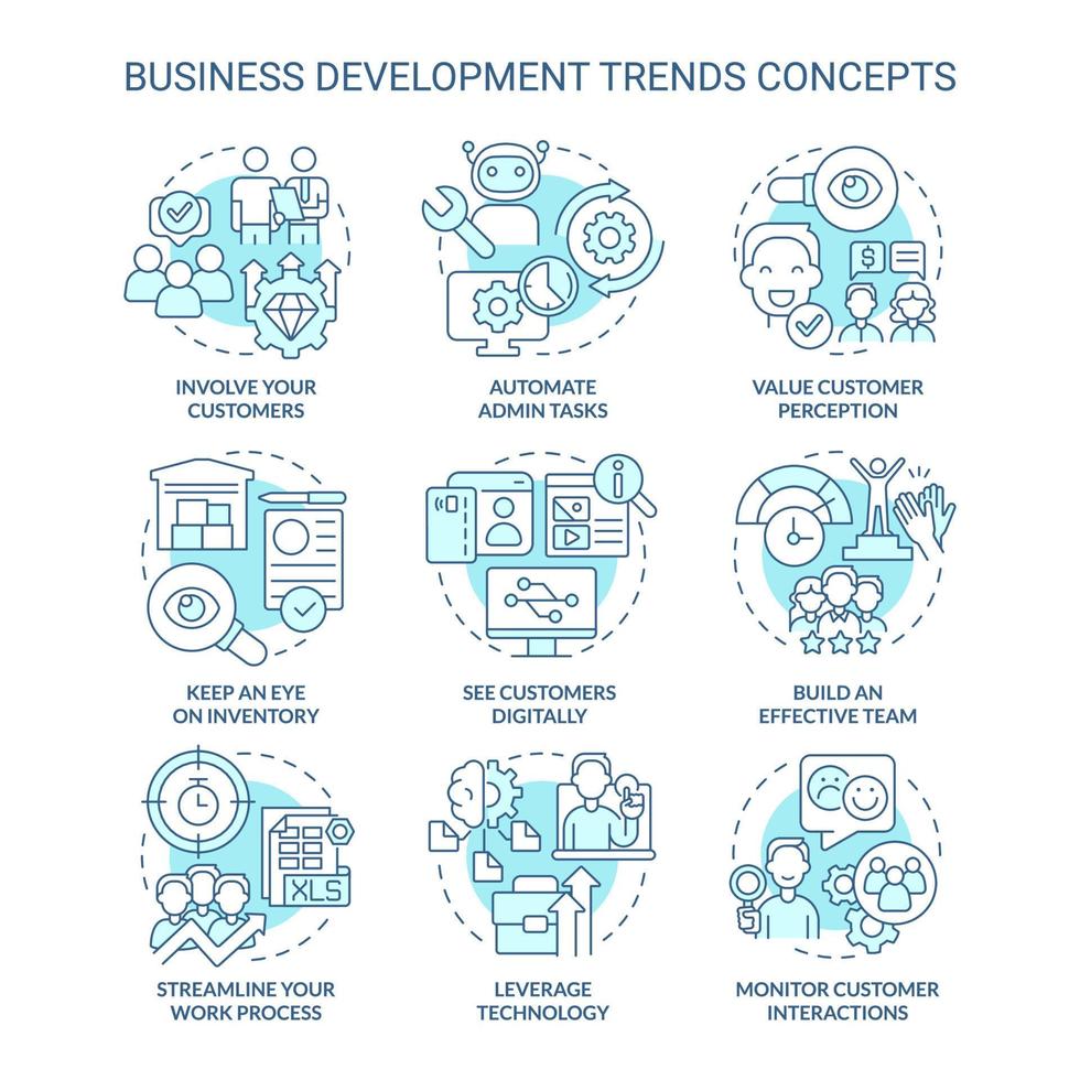 conjunto de iconos de concepto turquesa de tendencias de desarrollo empresarial. innovaciones y perspectivas idea ilustraciones en color de línea delgada. símbolos aislados. trazo editable. vector