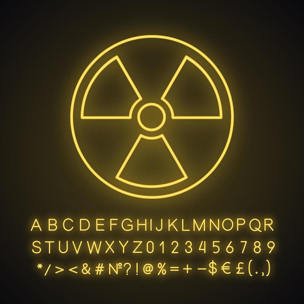 Nuclear energy neon light icon. Atomic power. Radiation. Radioactive danger. Glowing sign with alphabet, numbers and symbols. Vector isolated illustration