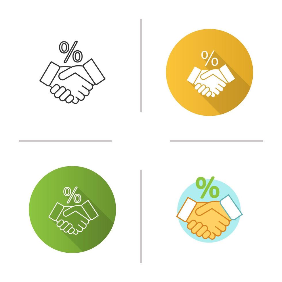 Successful deal icon. Business partnership. Handshake and percent sign. Flat design, linear and color styles. Isolated vector illustrations