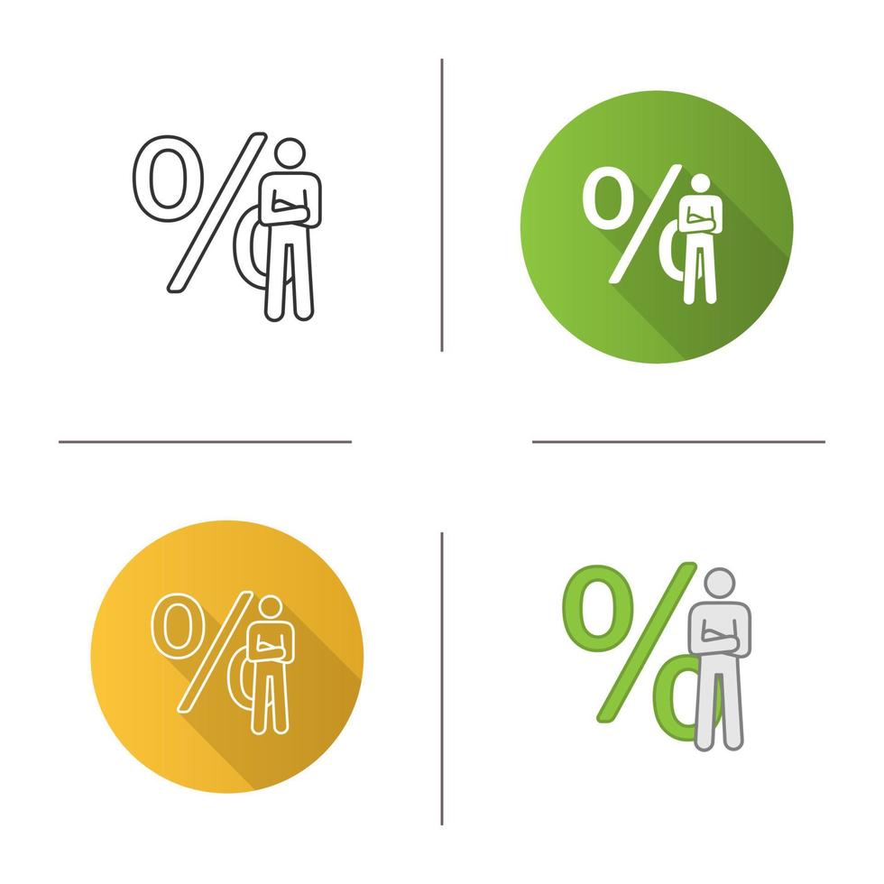 Businessman icon. Investor. Man standing in confident pose with percent sign. Marketer, analyst, economist, investor. Flat design, linear and color styles. Isolated vector illustrations