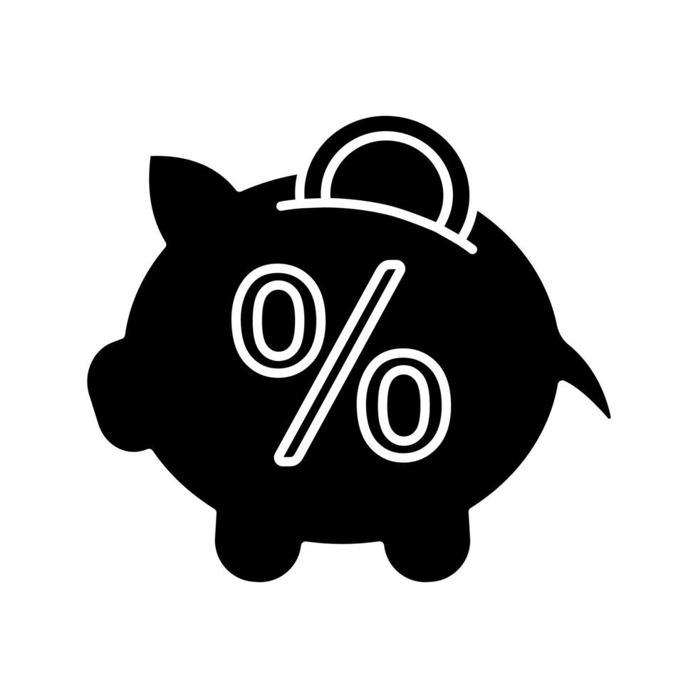 Penny piggy bank with percent glyph icon. Deposit interest rate. Saving money. Silhouette symbol. Negative space. Vector isolated illustration