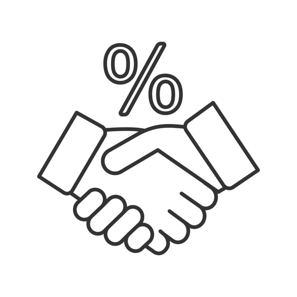 Successful deal linear icon. Business partnership. Thin line illustration. Handshake and percent sign. Contour symbol. Vector isolated outline drawing