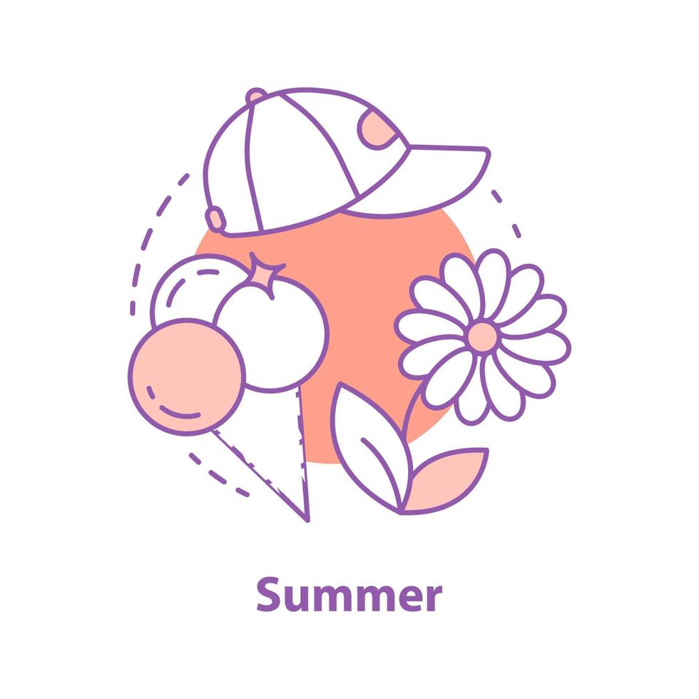 icono de concepto de descanso de verano. gorra, helado, flor. ilustración de línea delgada de idea de entretenimiento de verano. dibujo de contorno aislado vectorial vector