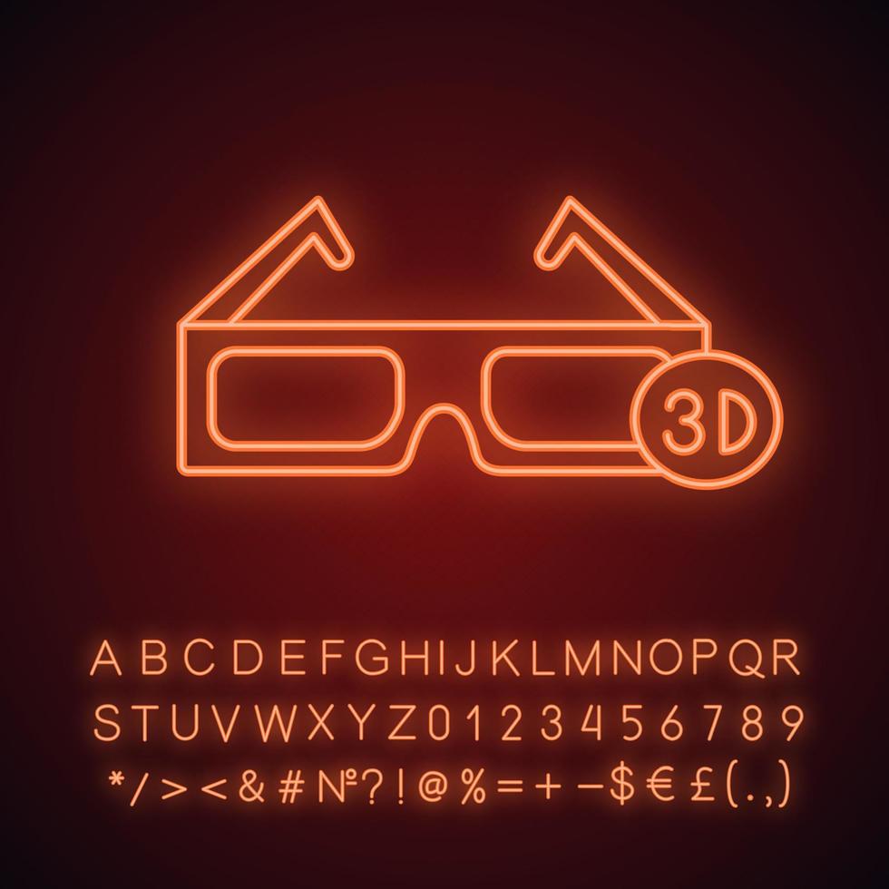 3D glasses neon light icon. Polarized anaglyph glasses. Glowing sign with alphabet, numbers and symbols. Vector isolated illustration