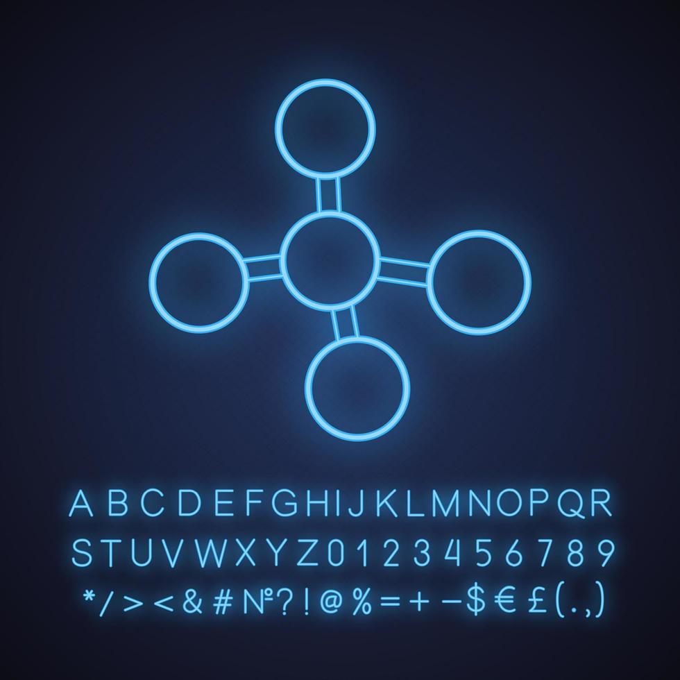 Molecule neon light icon. Glowing sign with alphabet, numbers and symbols. Vector isolated illustration