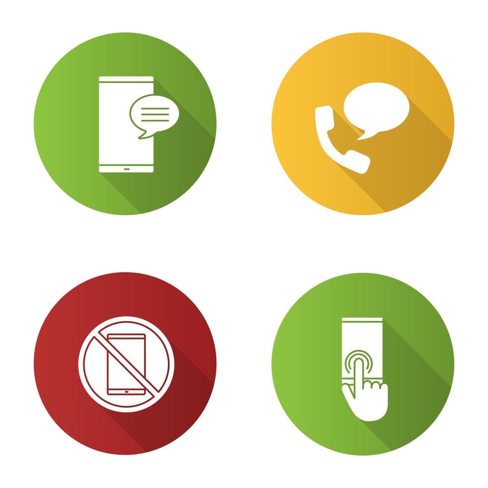 conjunto de iconos de glifo de sombra larga de diseño plano de comunicación telefónica. chat, mensaje de voz, pantalla táctil, prohibición de teléfonos inteligentes. ilustración de silueta vectorial vector