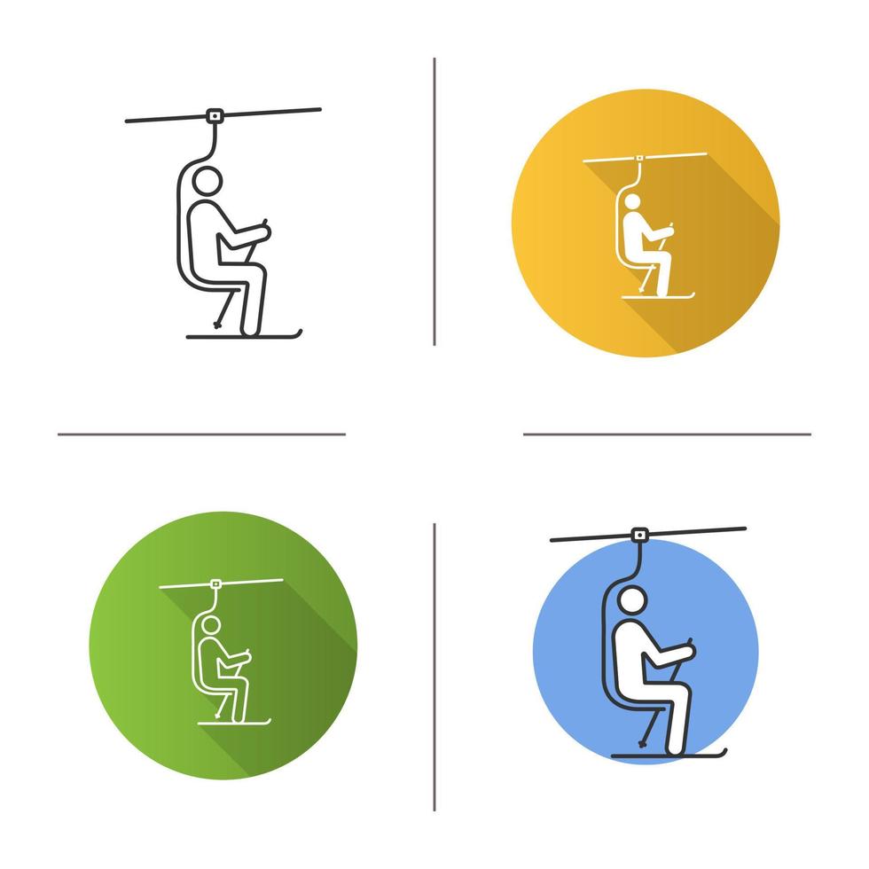 Ski chairlift with skier icon. Funicular. Ski elevator. Flat design, linear and color styles. Isolated vector illustrations