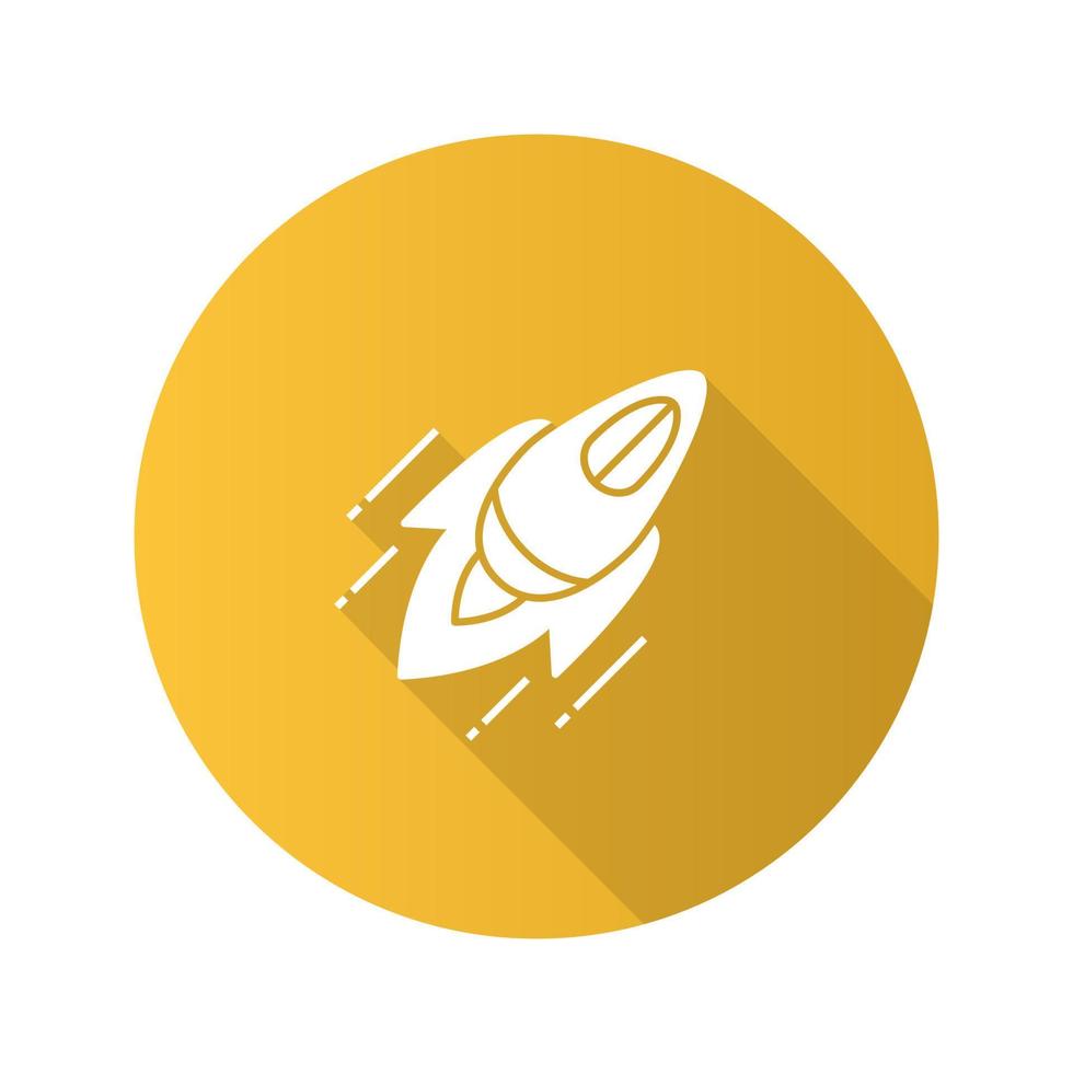 Rocket flat design long shadow glyph icon. Startup launch. Flying spaceship. Vector silhouette illustration