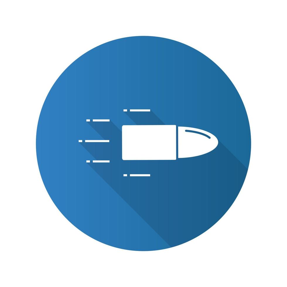Flying bullet flat design long shadow glyph icon. Speed. Weapon shot. Vector silhouette illustration
