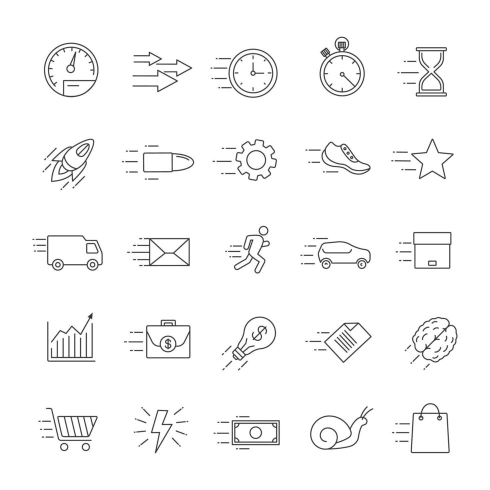 Motion linear icons set. Speed. Flying items. Fast services. Thin line contour symbols. Isolated vector outline illustrations