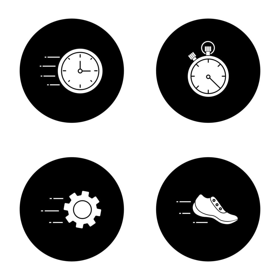 Motion glyph icons set. Speed. Flying clock, stopwatch, gear, sneaker. Vector white silhouettes illustrations in black circles