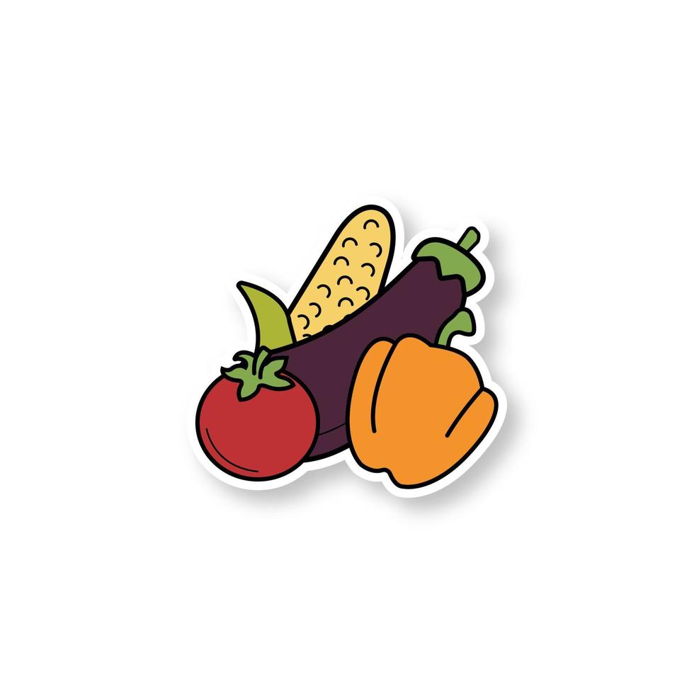 Vegetables patch. Corn, tomato, bell pepper, eggplant. Healthy food. Color sticker. Vector isolated illustration