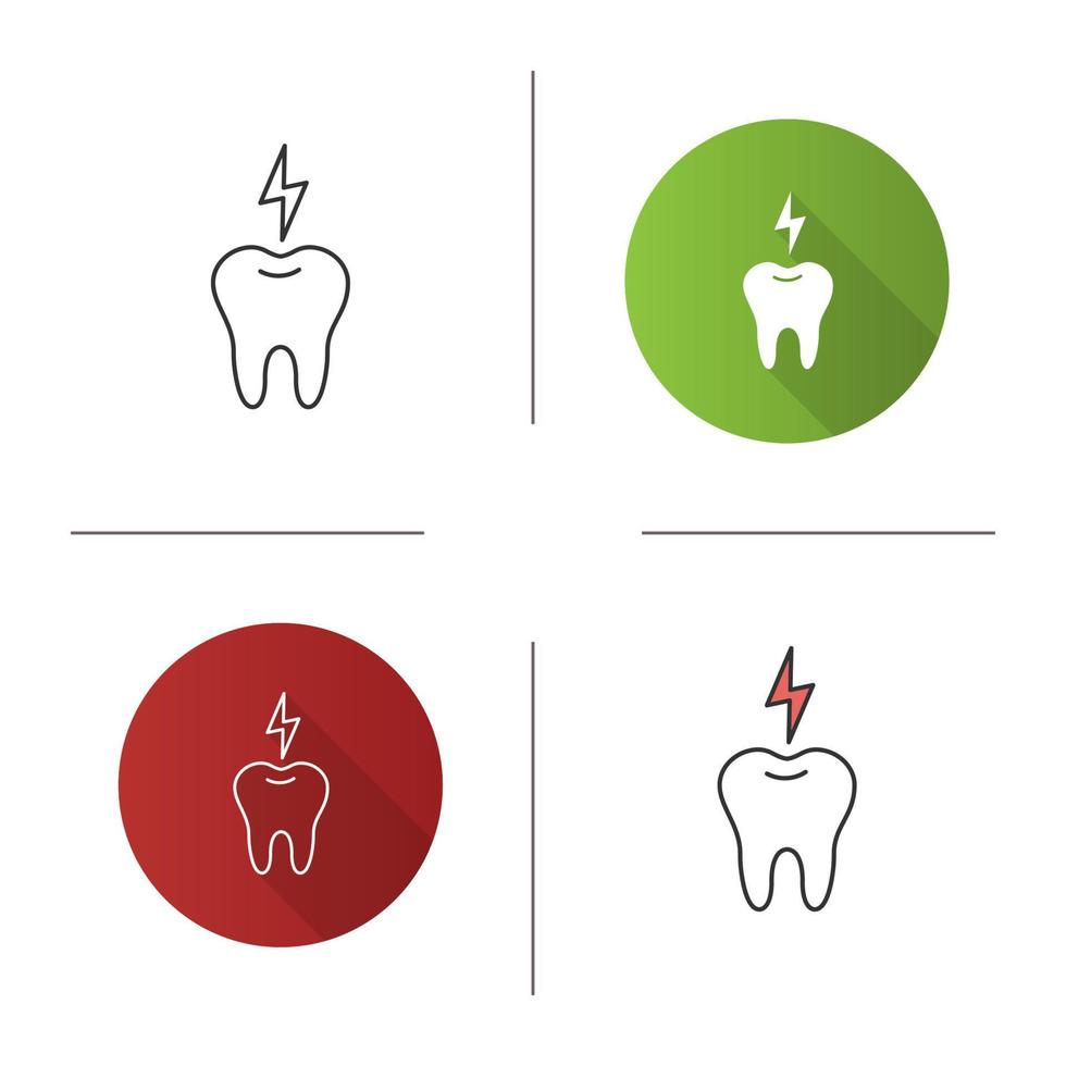 Toothache icon. Tooth with lightning. Flat design, linear and color styles. Isolated vector illustrations