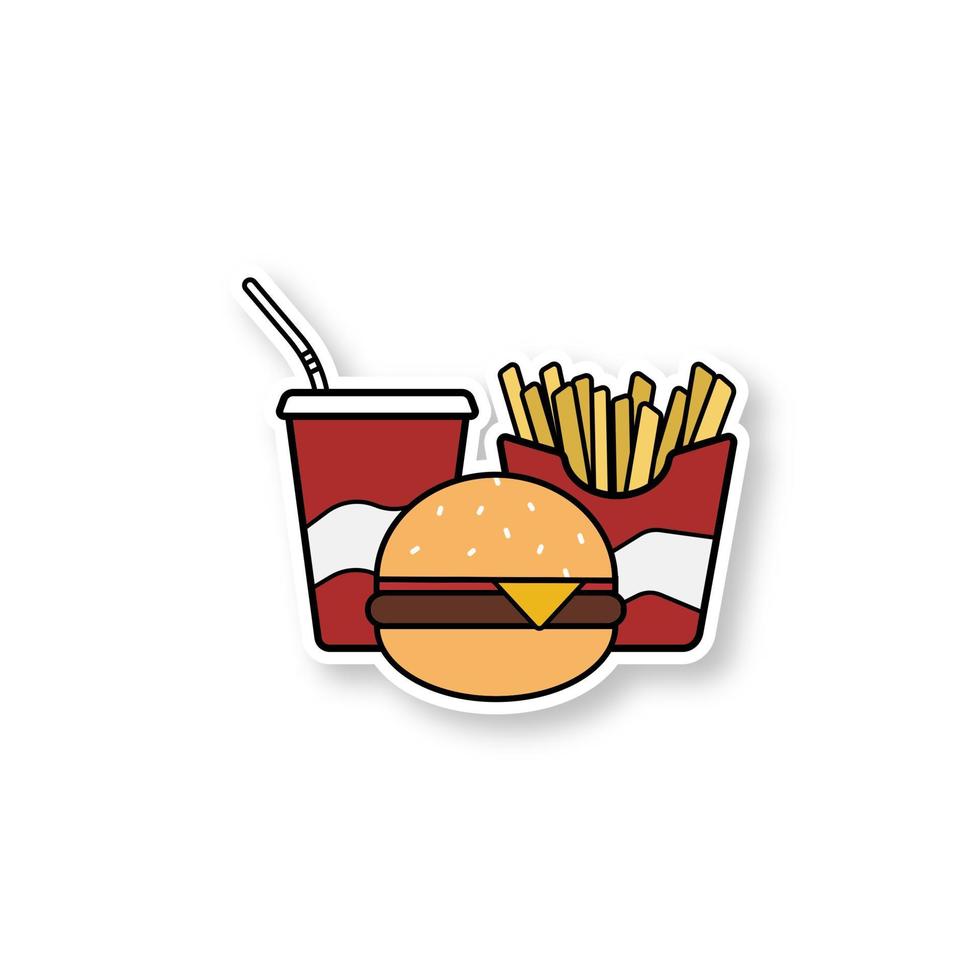 Fast food patch. Junk food. Cola paper cup, cheeseburger and french fries. Color sticker. Vector isolated illustration