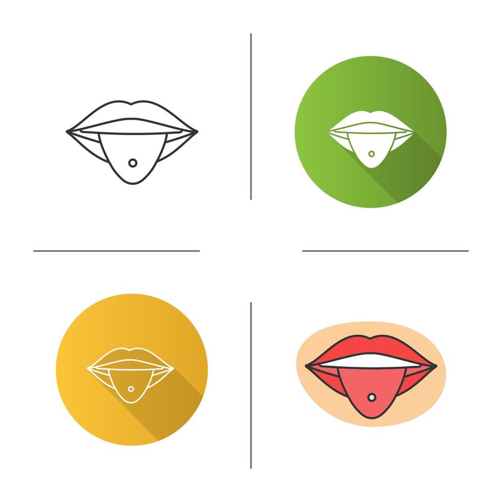 Pierced tongue icon. Tongue with ring. Flat design, linear and color styles. Isolated vector illustrations