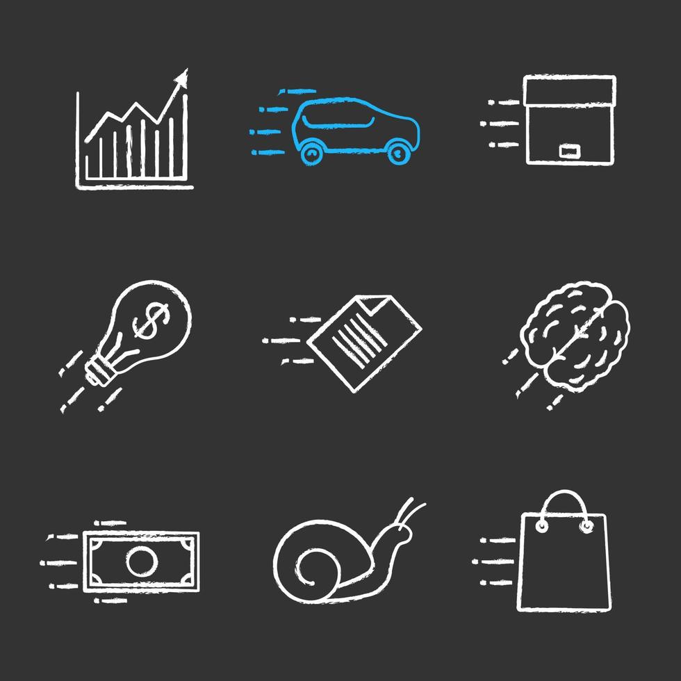 Motion chalk icons set. Speed. Chart, snail, car, flying parcel, file, dollar, brain, idea, fast shopping. Isolated vector chalkboard illustrations