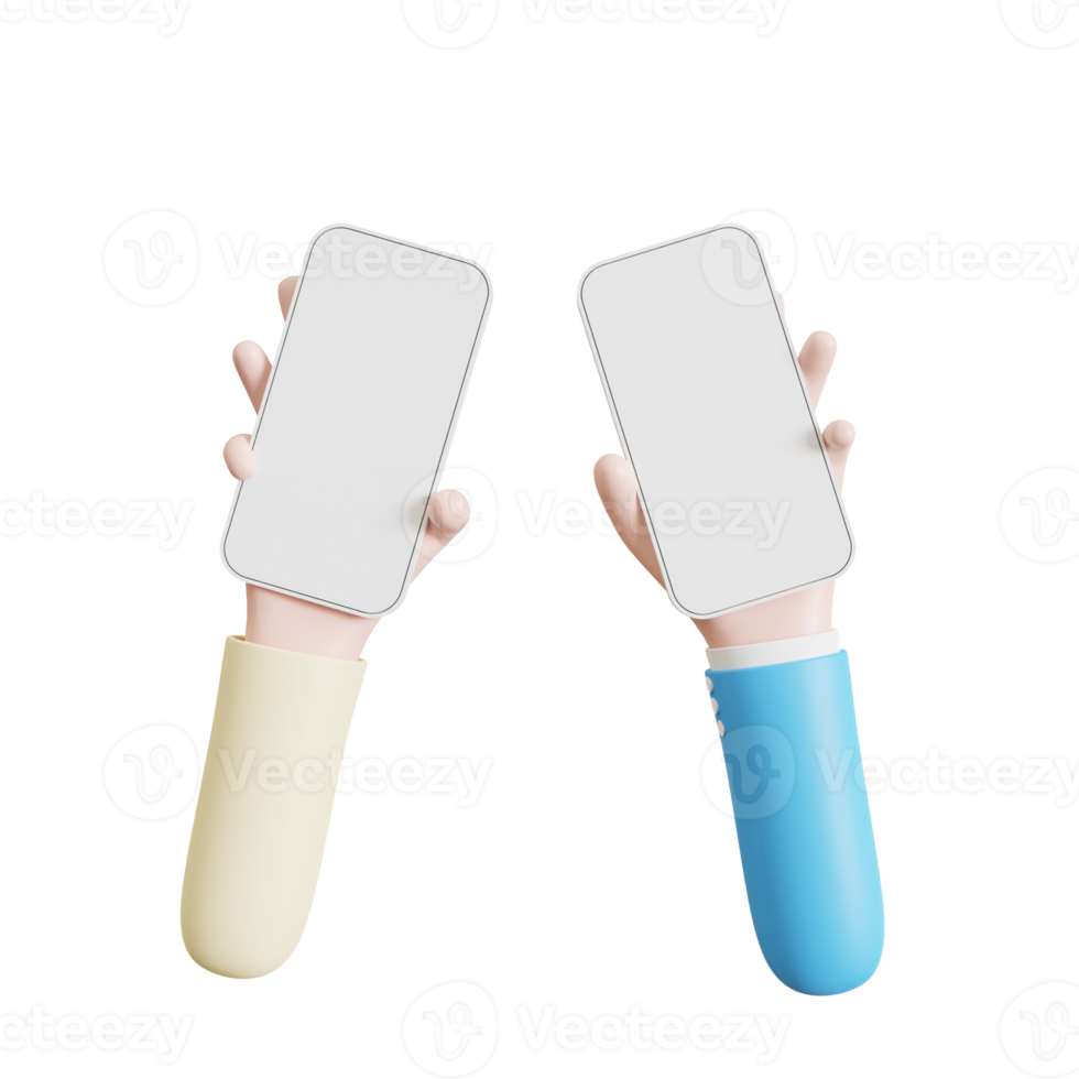 Mobile phone mockup with empty white screen in the hand cartoon style. 3d illustration. png