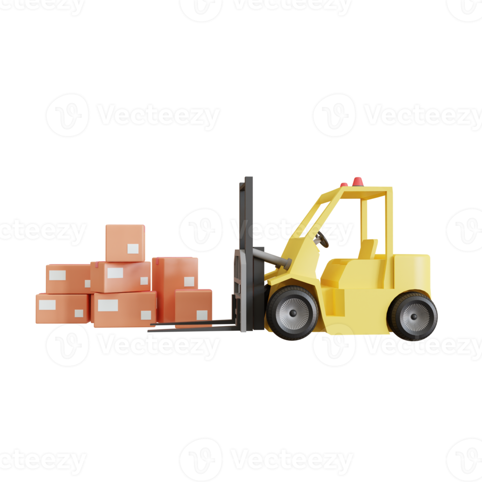 cartoon forklift, with the brown paper stack box, 3D render illustration png