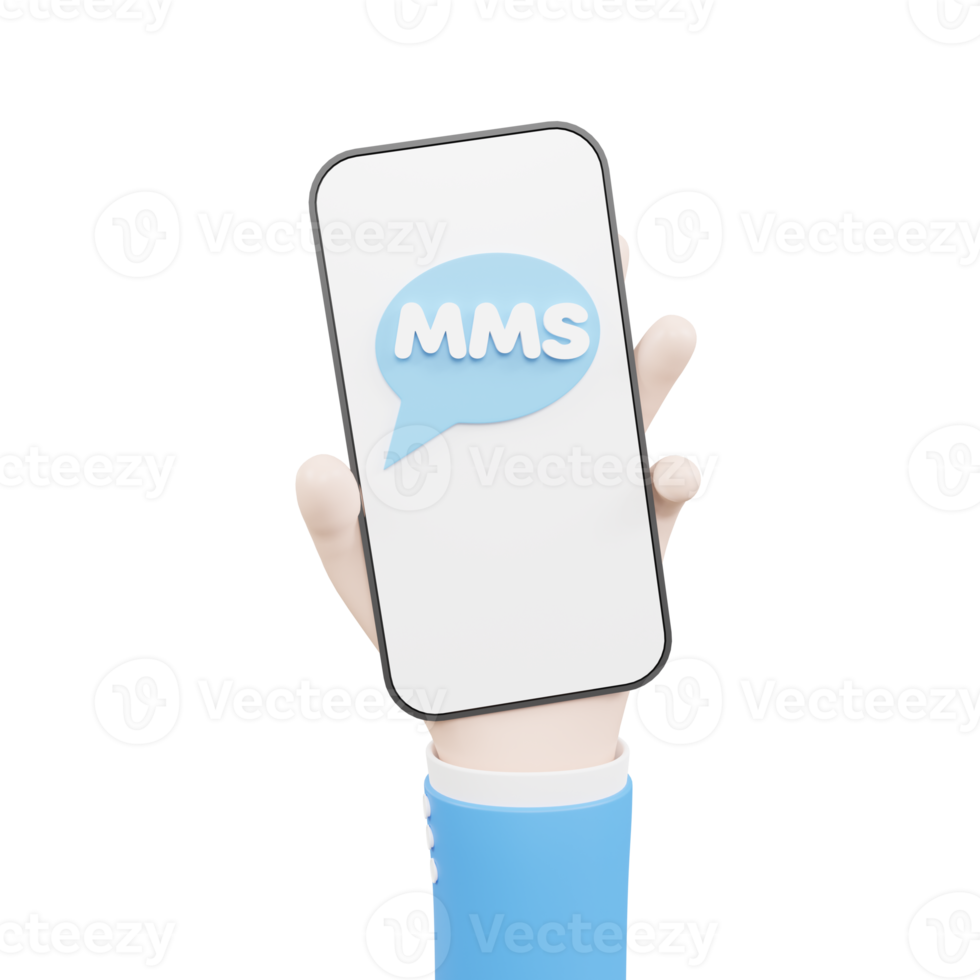Cartoon Hand holding smartphones and receiving online MMS. Electronic modern technology communication concept. 3D illustration png