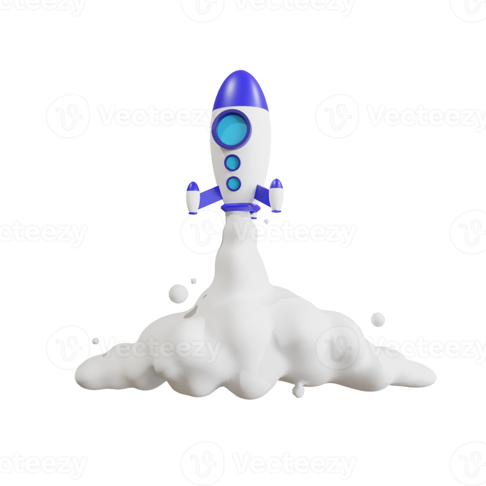 Toy rocket takes spewing smoke on a yellow background. The symbol for success is Start-up education and knowledge. 3D illustration png