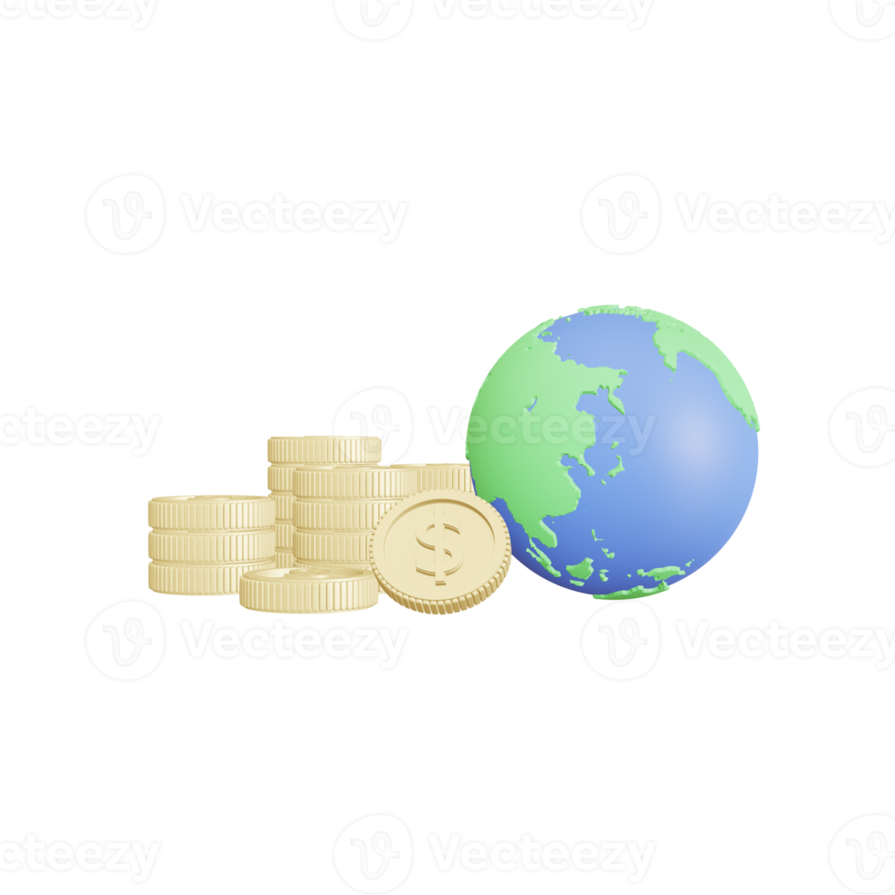 Globe or earth with a stack of gold coins, world business financial concept, 3d illustration png