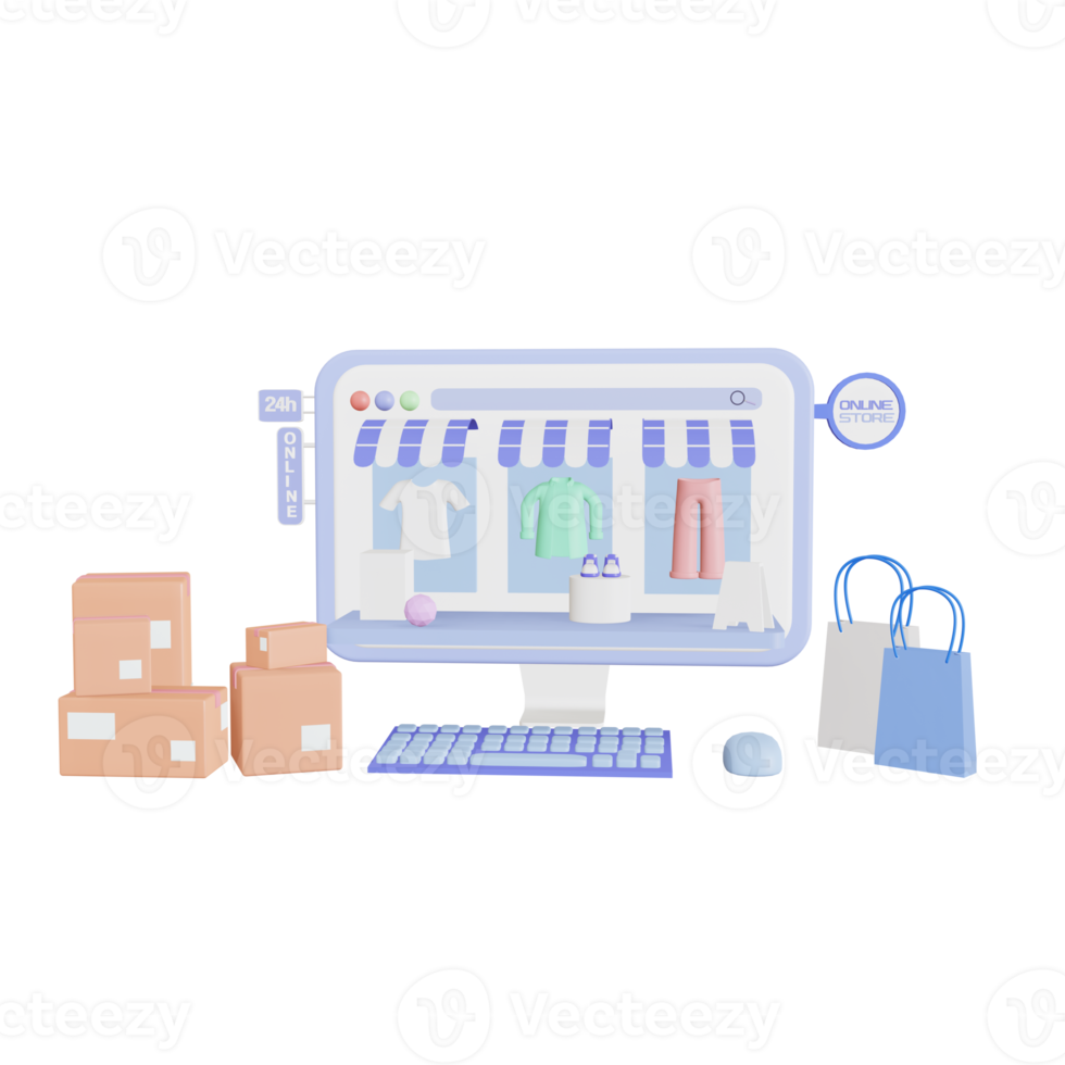 Shopping online 24 hours. Online store on the website application. background. digital marketing shop concept. 3D illustration png