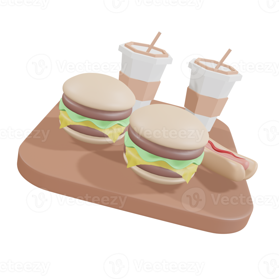 kleine fastfood hamburger en hotdog op gele achtergrond 3d pictogrammen restaurant 3d illustratie png