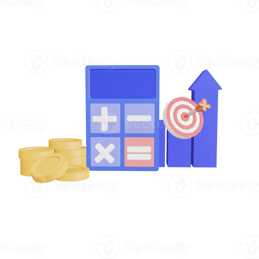 Icon 3D cartoon coins, calculator, and icon. business Investments, money savings, budget management, and financial profit concept. 3d  illustration png