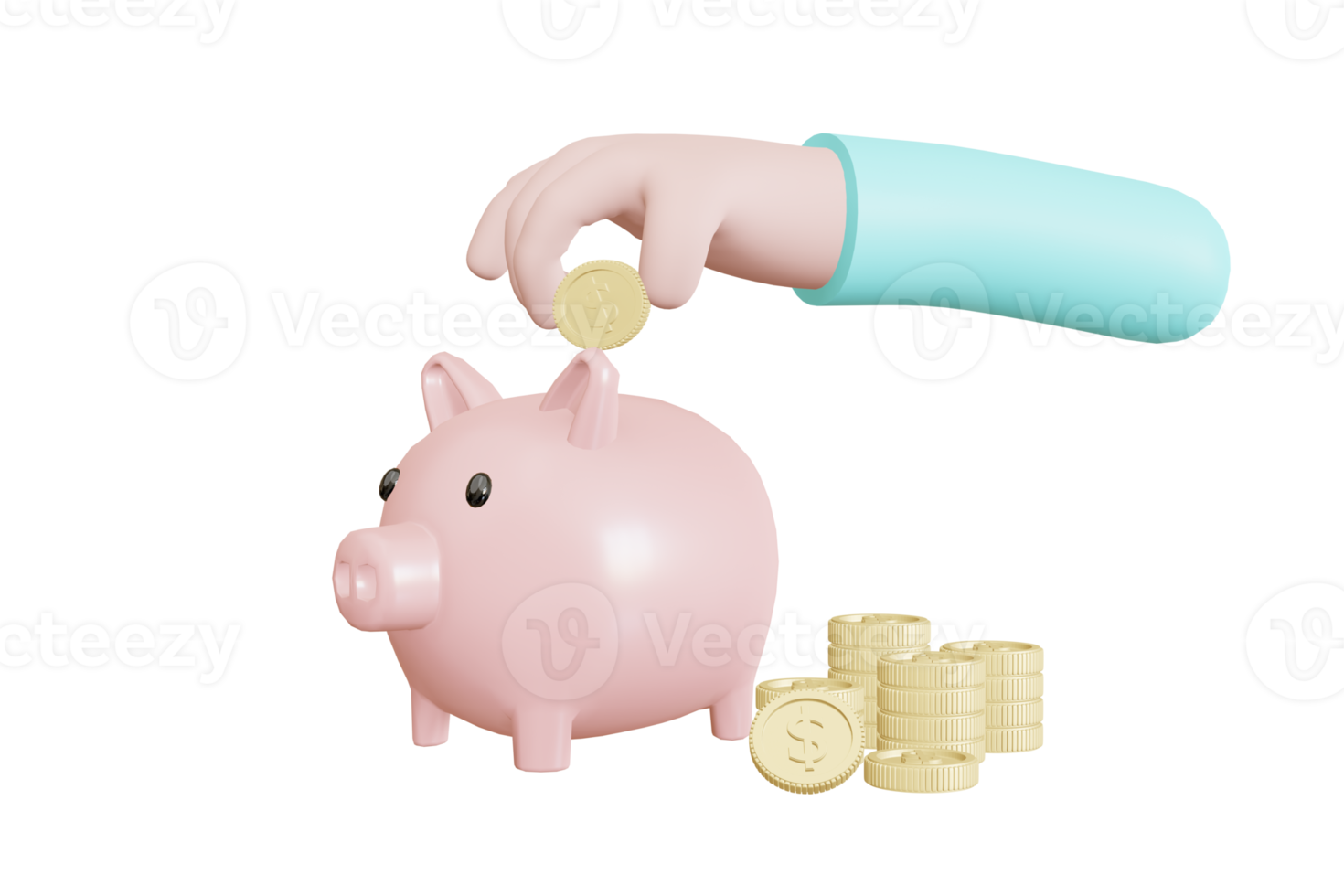 hand putting coin into a piggy bank. for saving money wealth and finances and start saving concept, copy space, 3D  illustration png