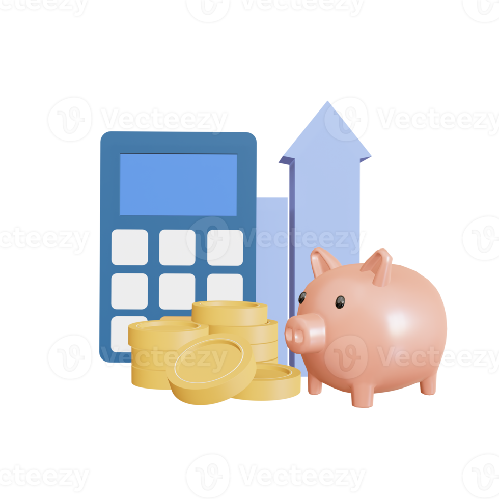 tirelire rose avec calculatrice et pièces d'or. économiser de l'argent et de la richesse financière et commencer à économiser le concept, l'espace de copie, l'illustration de rendu 3d png