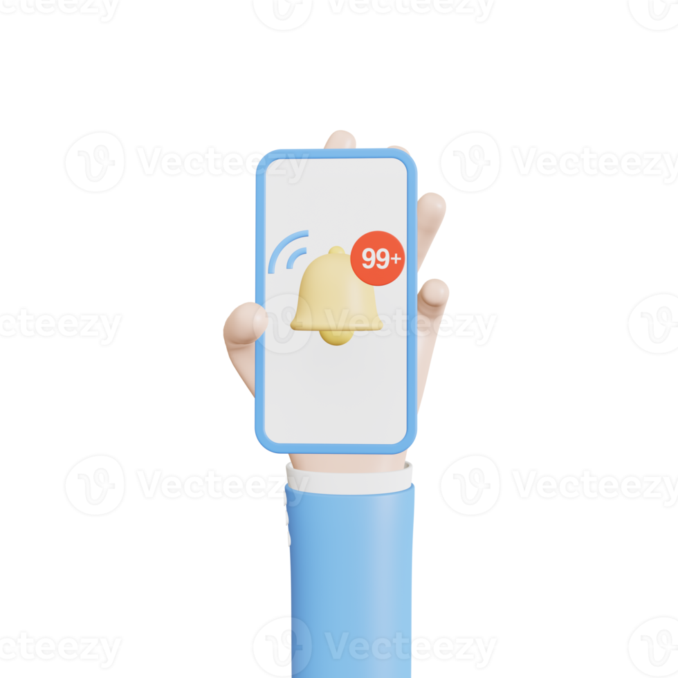 Cartoon hand holding the phone with Notification yellow bell with 99 number  Social media chat, message, SMS, subscribe, 3d illustration png