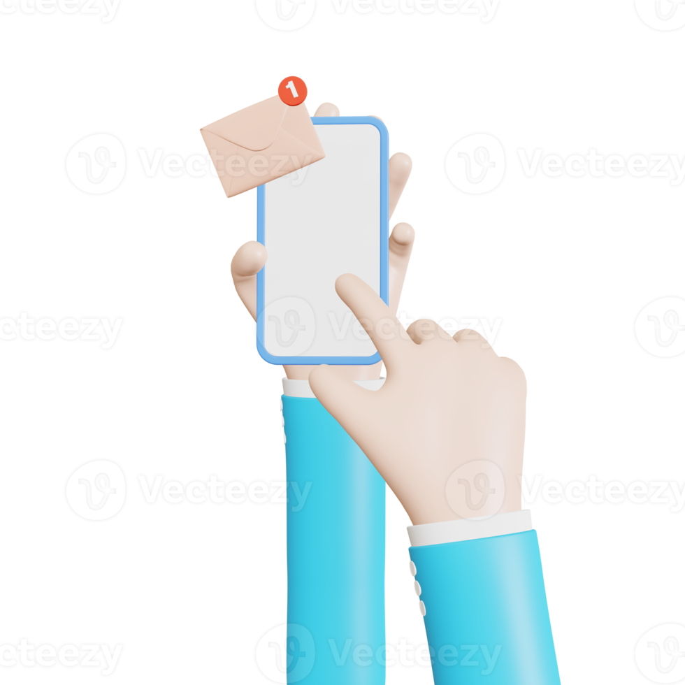 3D Hand-holding mobile phone with envelope notification. Cartoon character and smartphone icon. 3D illustration png