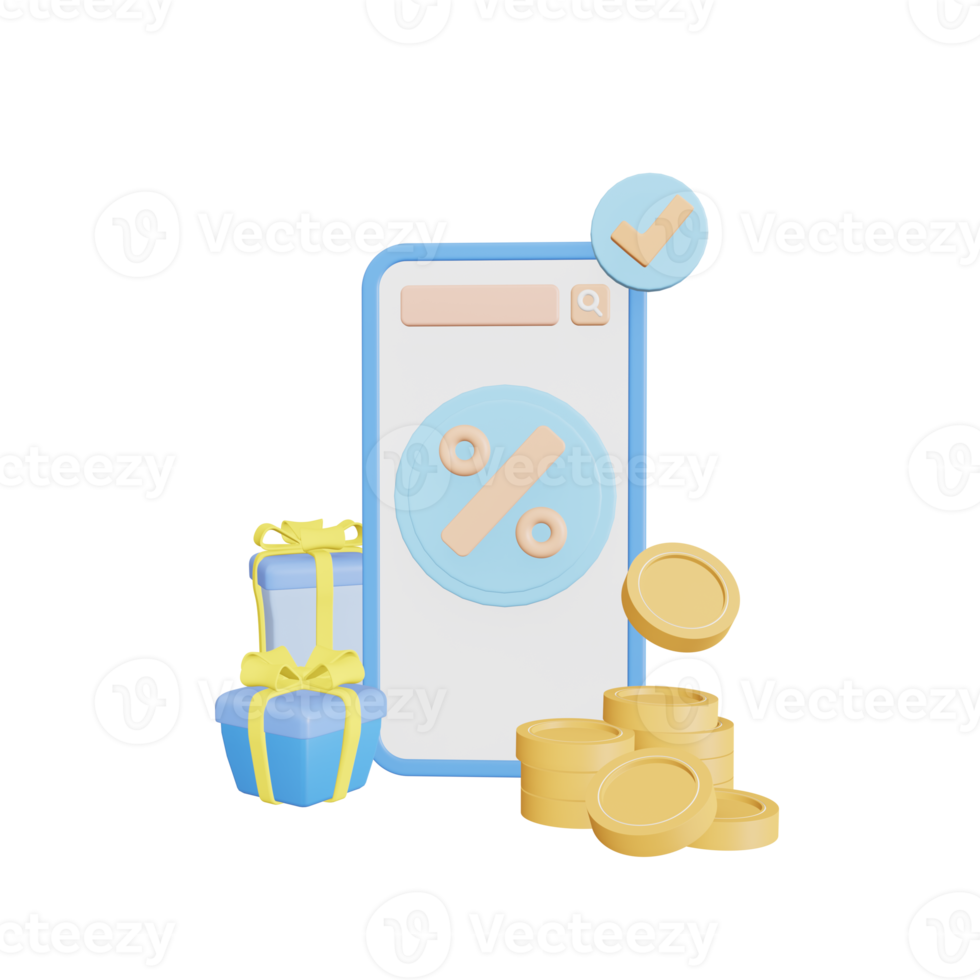 Phone with an empty white screen with coin.  with discounts. gift. 3d  illustration. png