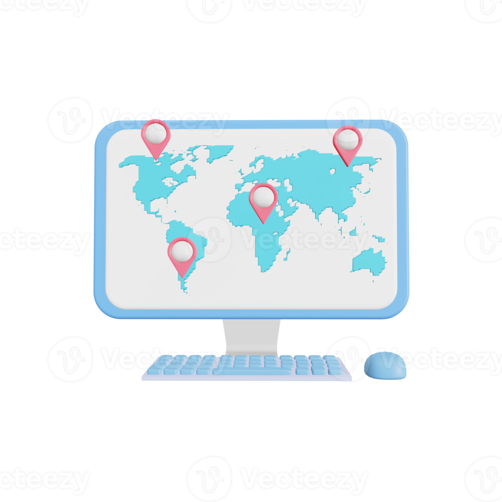 ordinateur portable avec la boîte en carton de la carte du monde avec une application pour les achats en ligne, l'arrière-plan de la carte du monde et le suivi de la livraison dans le monde entier. illustration 3d png