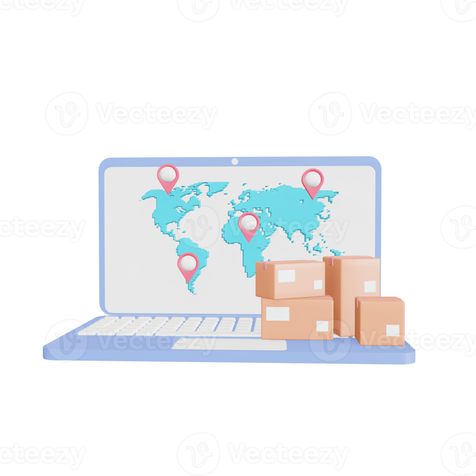 icon Laptop with the world map cardboard box with an app for online shopping, world map background, and Worldwide delivery tracking. 3D illustration png