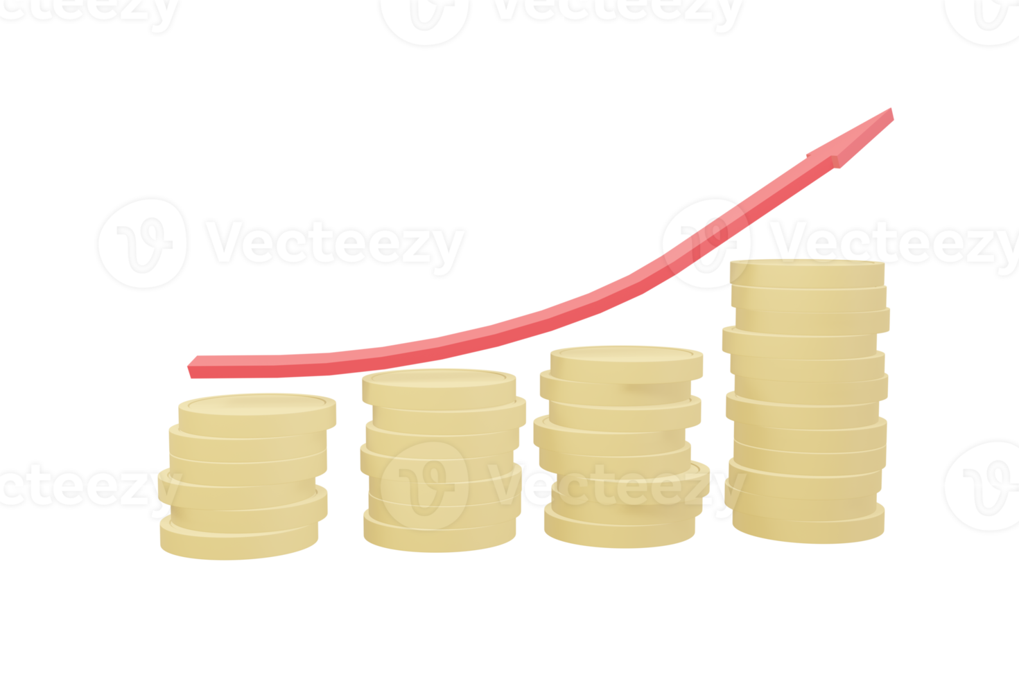 3D illustration, Growing piles of gold coins with arrows Red showing up the market progress, on pink background. Business png