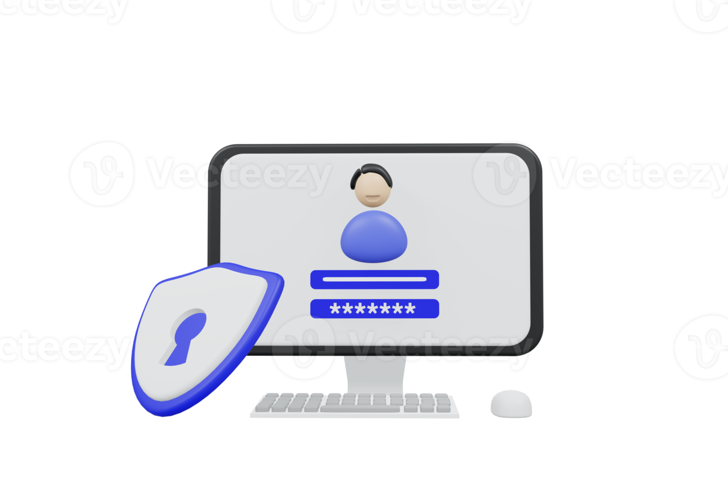 3D-Illustrationen. Anmelde- und Passwortformular für Computer und Konto auf dem Bildschirm. anmelden bei konto, benutzerautorisierung, konzept der anmeldeseite. Benutzername, Passwortfelder. Datenmanagement png