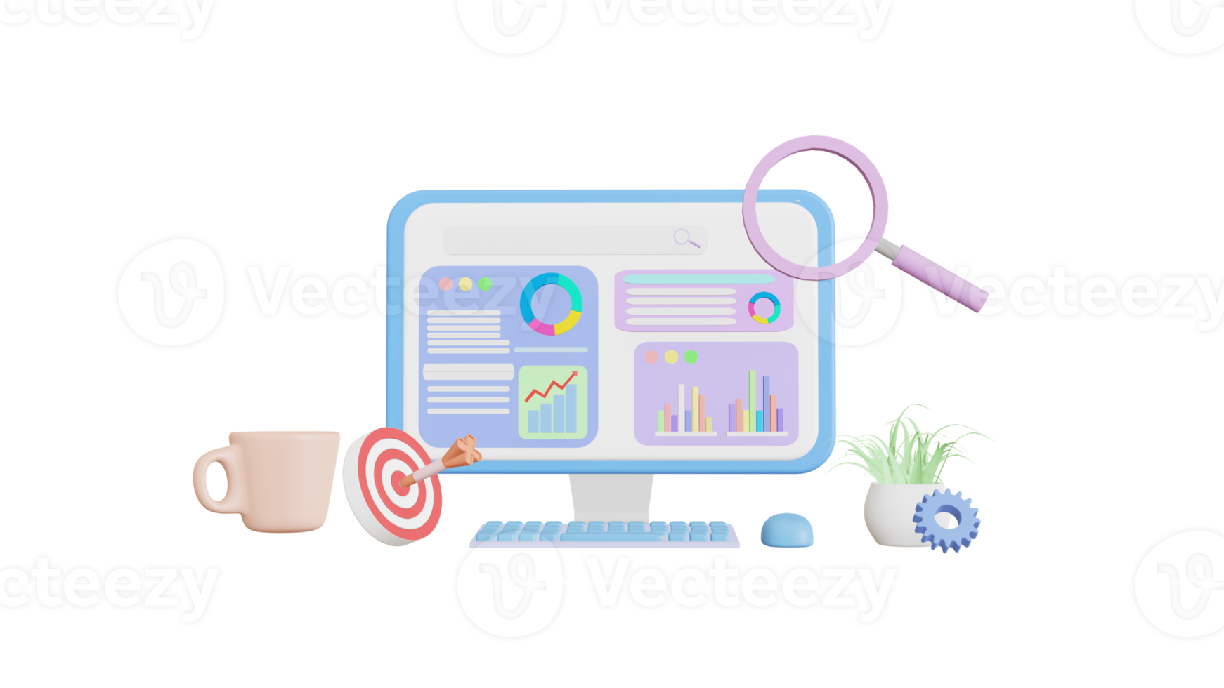 SEO Optimization Web, Analytics and search and aiming, SEO marketing concepts, 3D illustrations png