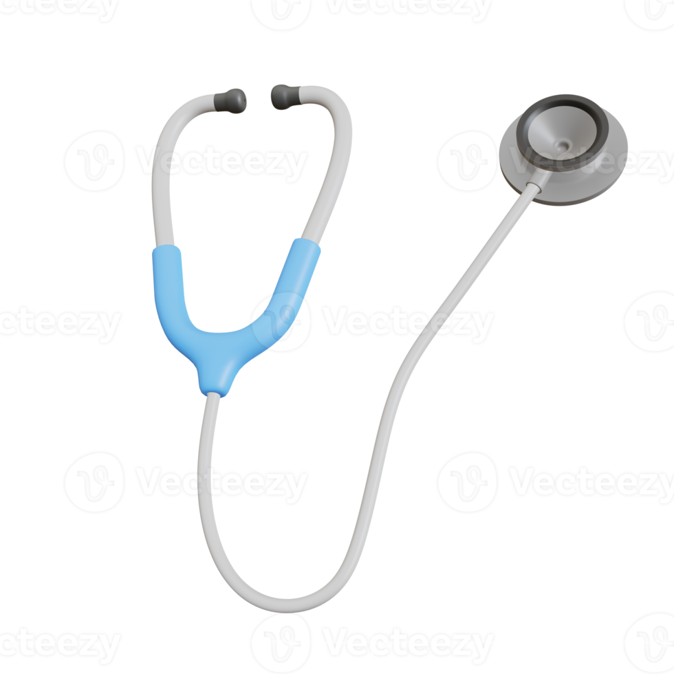 icono de estetoscopio 3d. ilustración de representación del diagnóstico clínico de signos médicos, escuchar la herramienta de medicina del latido del corazón instrumento de cardiología lindo de dibujos animados en color azul. png