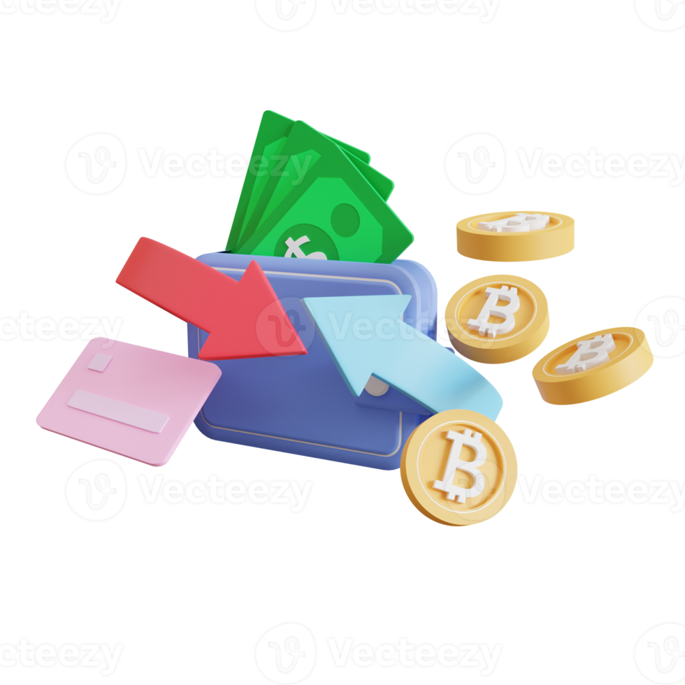 börsen, elektronisk plånbok ikon med kryptovaluta, 3d render illustration png