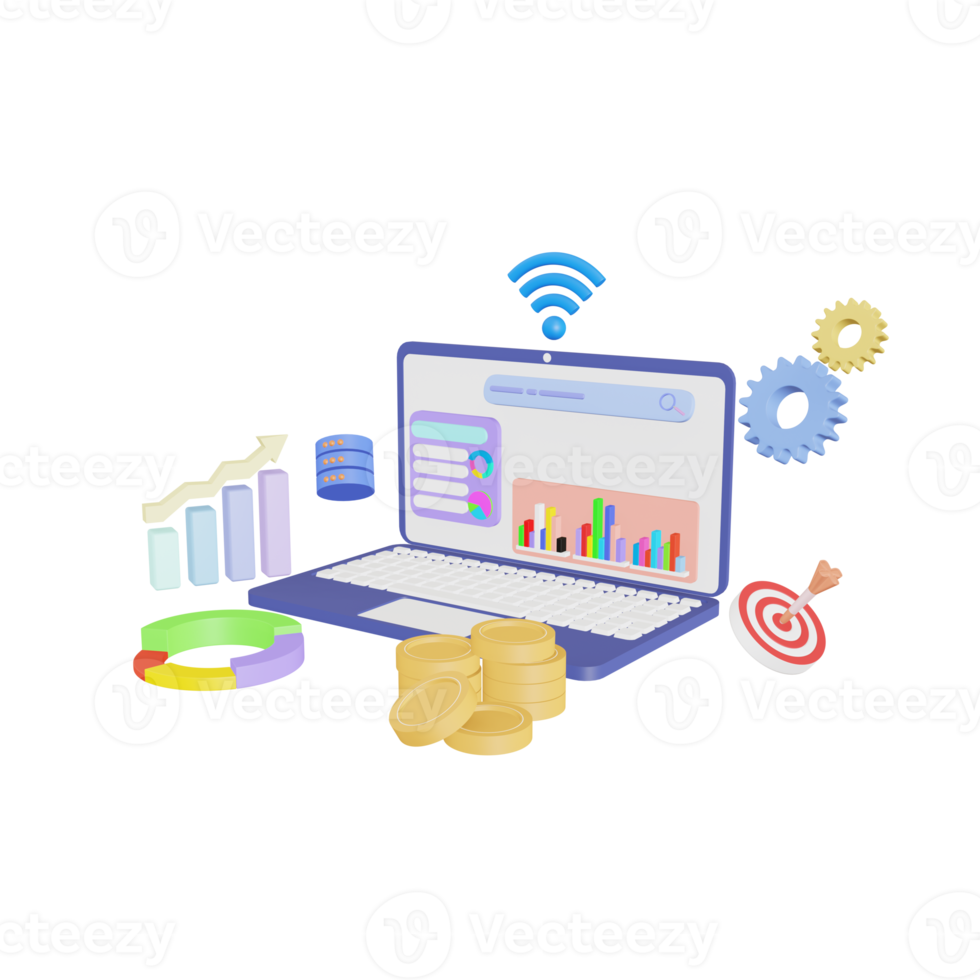 análisis de datos, tablero de gráficos, criptomoneda digital de bitcoins e informe de finanzas comerciales. concepto de seo de sitio web de inversión o mercado de valores. ilustraciones 3d png