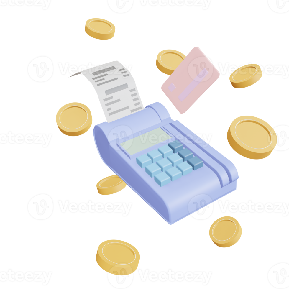 Credit card swipe machineEDC  Payment concept credit card, payment terminal, floating coins around the background. money-saving, cashless society. 3D illustration png