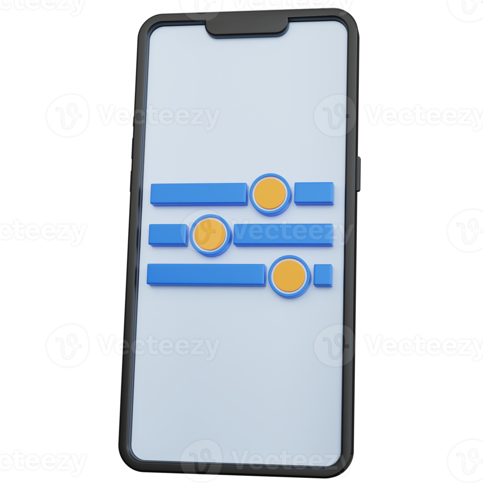 Smartphone nero con rendering 3d con icona del pannello delle impostazioni isolata png