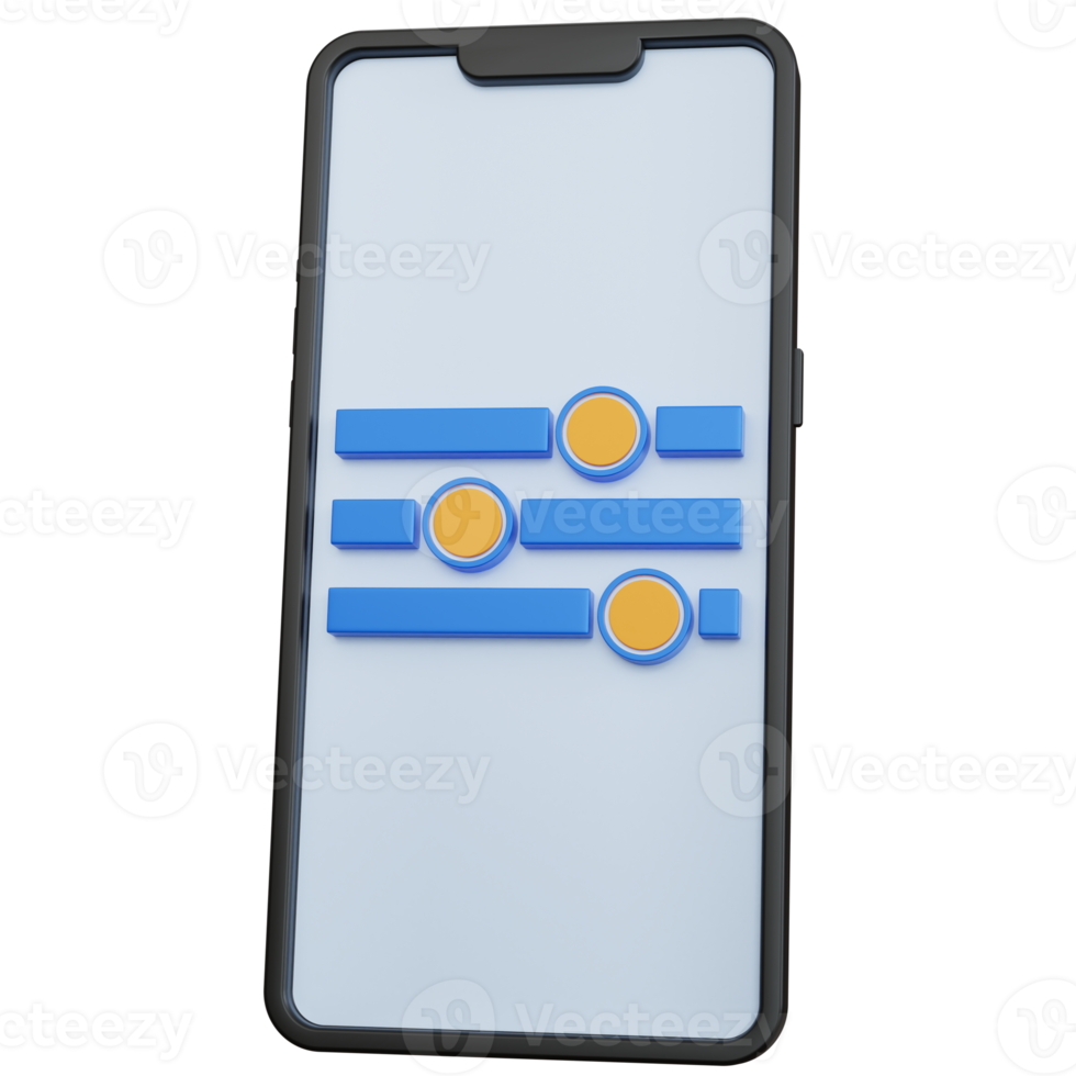 smartphone preto de renderização 3D com ícone do painel de configurações isolado png