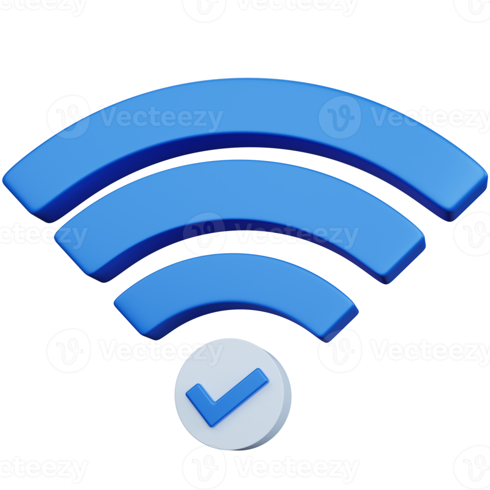 3d rendering blue wifi with tick icon isolated png