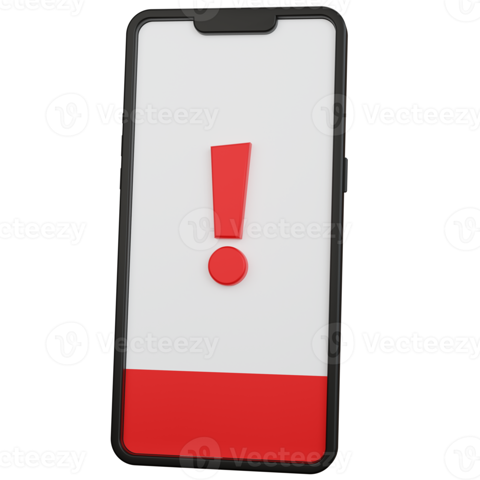 3d rendering black smartphone battery running low with exclamation mark icon isolated png